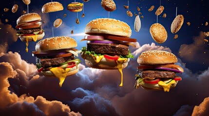 burgers falling in the air, featuring grilled meat and a variety of toppings