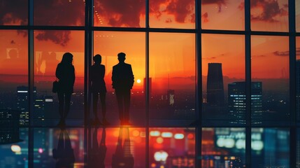 Silhouettes of people watching a city skyline at sunset from a large window. Urban and contemplative concept.