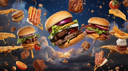 burgers falling in the air, featuring grilled meat and a variety of toppings