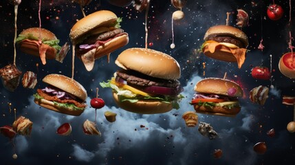 burgers falling in the air, featuring grilled meat and a variety of toppings