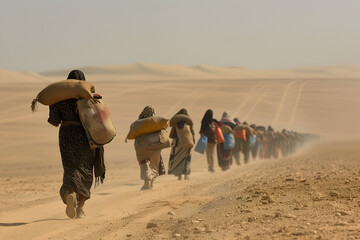Migrant Caravan Journeying through Desert Sands