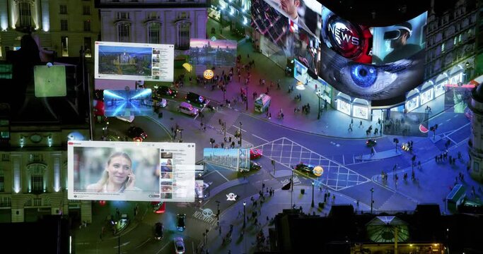 Aerial View of Famous London Piccadilly Circus, United Kingdom.  Regent Street and Shaftesbury Avenue Full of People and Traffic. Social media, Messages, Emoji, Video Platform. 
