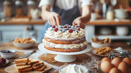 Precision Cake Decorating by Skilled Baker in Bright Organized Kitchen