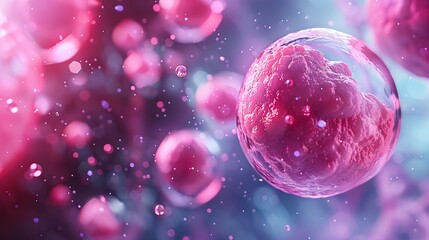 Close-up of vibrant pink and purple cells floating in a fluid environment, highlighting medical and scientific research concepts.