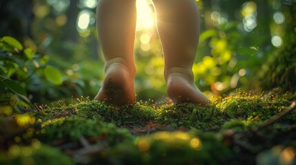Toddler feet exploring lush green forest