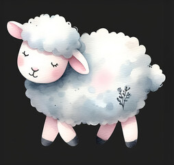 Watercolor illustration of a sheep on a black background.