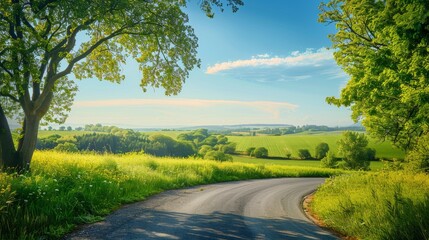 Fototapeta premium Winding country road through green fields