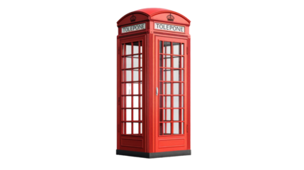 A classic red telephone booth with a white background