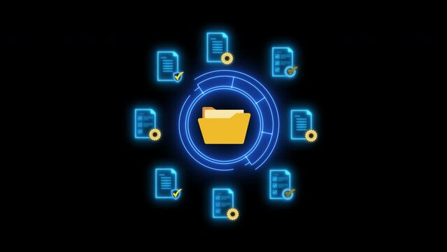 Electronic documents, search and managing files online. Document management system and process automation concept. Glowing neon line animated documents with certified guarantee approval and gear.