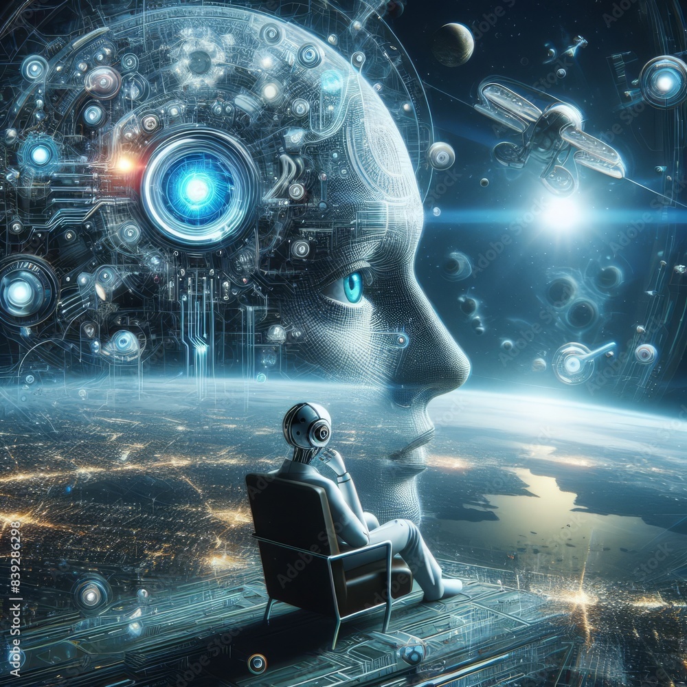 Poster a futuristic robot sits on a platform, gazing into the cosmos with a large, technologically advanced