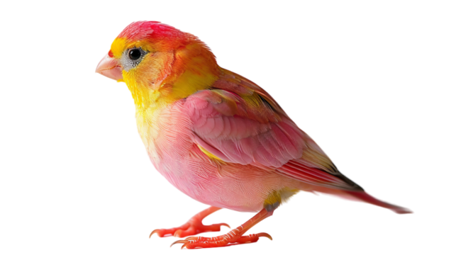 A pink and yellow bird with red feathers stands on a white background