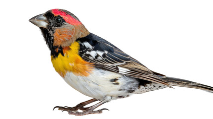 Naklejka premium A colorful finch with a red crest and yellow and black markings stands on a white background