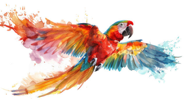 A vibrant watercolor painting of a scarlet macaw with outstretched wings in flight
