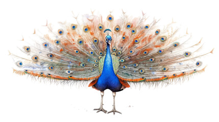 Fototapeta premium A peacock with its feathers spread wide, showcasing its beautiful colors and iridescent patterns