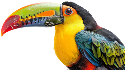 Toucan with large colorful beak against white background