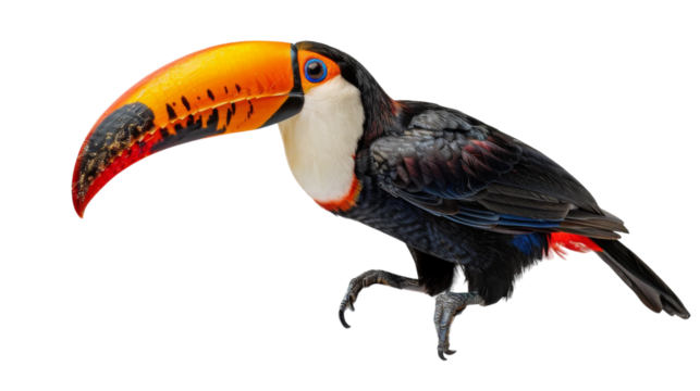 A toucan with a large orange beak and black body stands on a white background