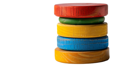A stack of four colorful wooden rings isolated on a white background
