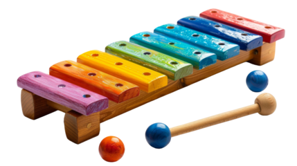 A colorful wooden xylophone with a mallet and balls
