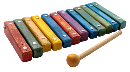 A colorful wooden xylophone with a mallet, perfect for kids to learn music