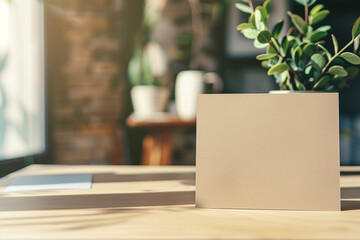 Fototapeta premium Blank card with empty space for text on a wooden table with blurry background of a room with brick wall and plants