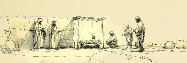 Jesus’ Birth in a Manger in Bethlehem, Biblical Illustration of Nativity and Hope, Ideal for Religious Banner,Christian banner