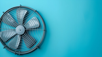 Closeup electric fan on isolated blue background, generative AI