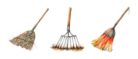 Three brooms are shown, one of which is a broom with a yellow handle