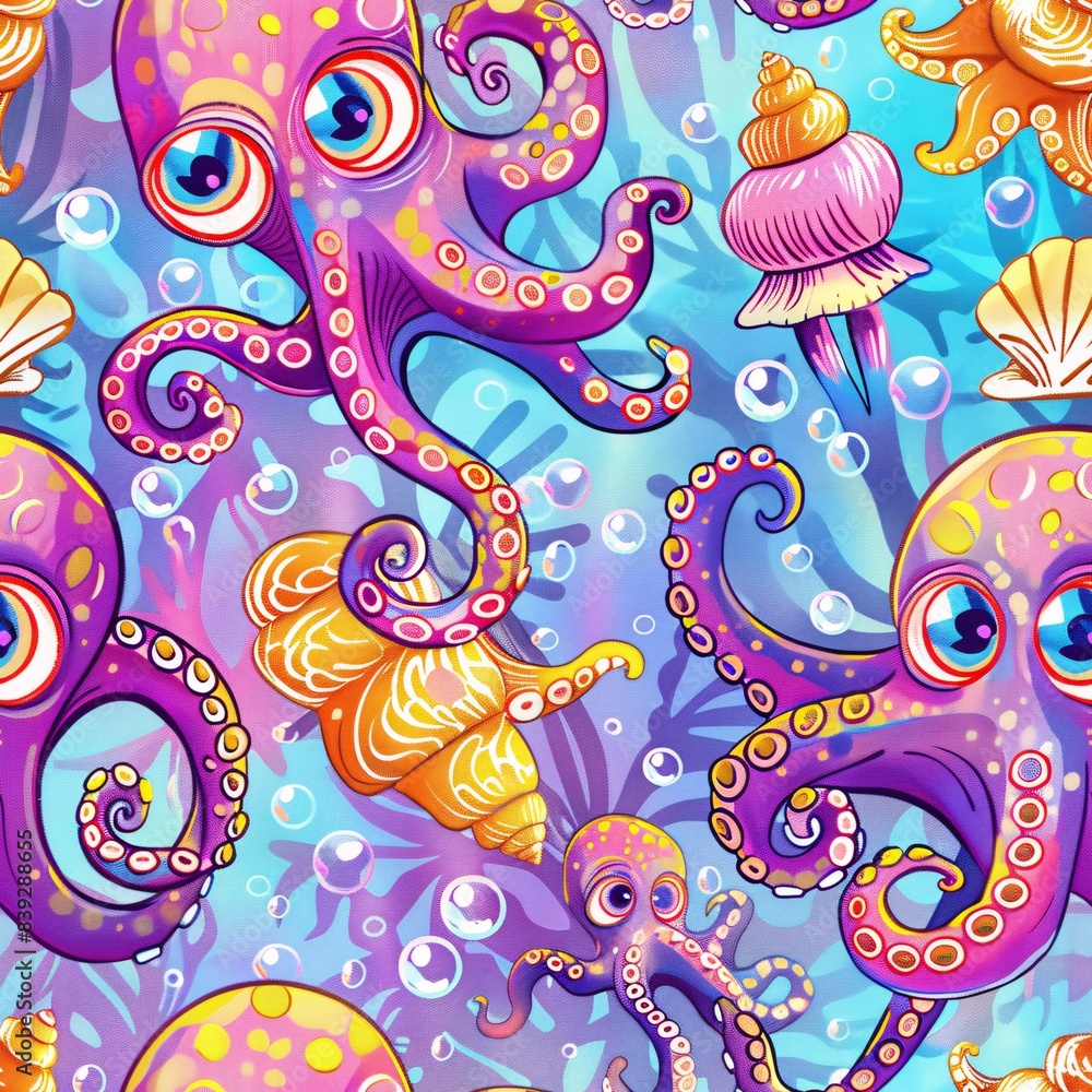 Wall mural A playful underwater pattern featuring cartoonish octopuses and squid with bubbles and seashells. The octopuses have large, expressive eyes and colorful tentacles, and the squid have swirling - Wall murals