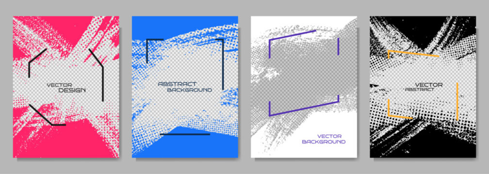 Vector illustration. Abstract color frame set. Halftone dots. Ink brush strokes design for poster, invitation, gift card, coupon, book cover, photography overlay frame, web banner. Paint splatter