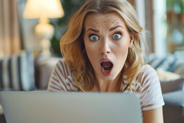 Woman stunned by laptop screen