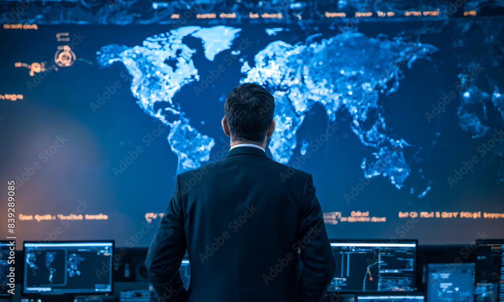 Aufkleber big empty data monitoring center with global map on huge digital screen. person back view stands in 