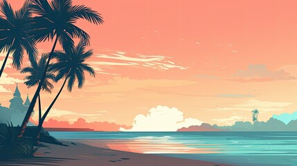 Obraz premium illustration of a tranquil morning summer beach scene with palm trees