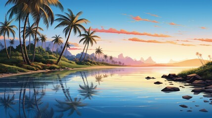 illustration of a tranquil morning summer beach scene with palm trees