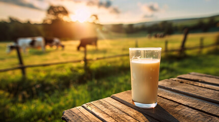 A refreshing glass of milk placed on a wooden table with a natural background. The image highlights the purity and health benefits of milk, making it suitable for dairy advertisements.