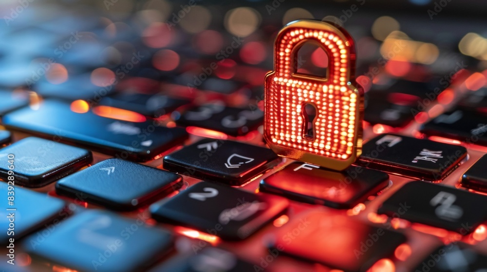 Poster close up of a keyboard with red neon lights and red lock. cyber security concept