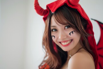 Naklejka premium 悪魔のコスプレを楽しむ日本人女性（ハロウィン・デビル・笑顔）