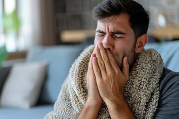 Person resting on sofa with hands covering face
