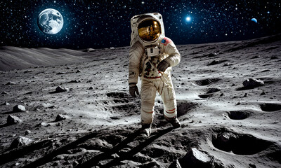 Astronaut stands on moon surface, Earth visible in starry sky, concept of space exploration. Cosmonaut walking on lunar ground under starry sky.
