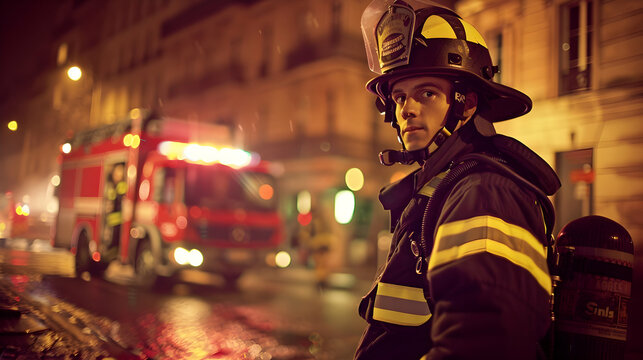 A firefighter in full gear in front of a fire truck in Paris, with a backdrop of historic architecture and dramatic lighting emphasizing the heroic nature of the profession