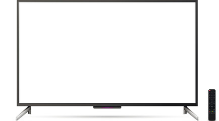 Realistic tv flat screen with remote control isolated on white background