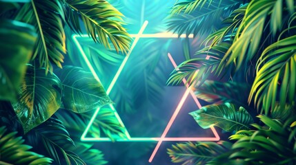 palm leaves in shades of lime green, forest green, and chartreuse, surrounding a glowing triangle frame on a tropical neon background