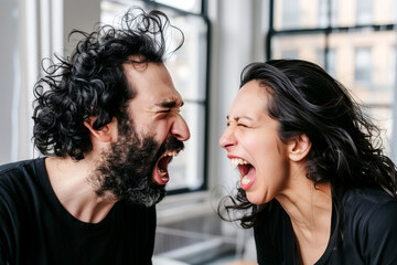 Naklejka premium Angry husband and wife quarrel aggressively, marital problems and potential divorce