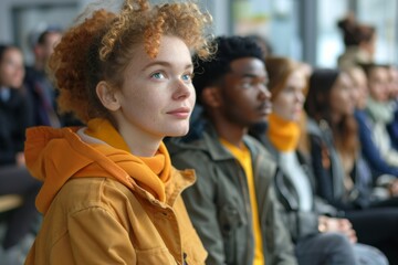 Obraz premium Group of individuals seated in a line indoors