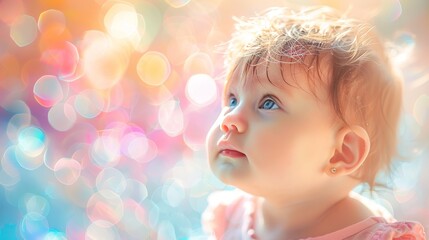 Fototapeta premium A cute baby with a blurred background of soft fluffy pastel colors