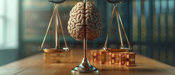 Human brain model balanced with scales and law books, symbolizing the intersection of legal and cognitive concepts in a courtroom setting.