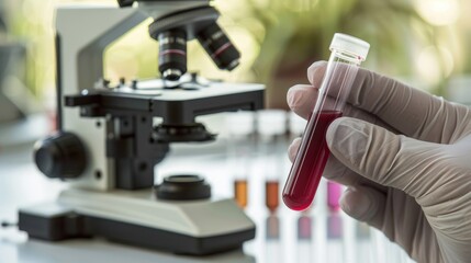 A gloved hand holding a test tube of blood with a microscope in the background.