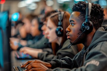 Obraz premium Multiple individuals seated at table with computers and headsets