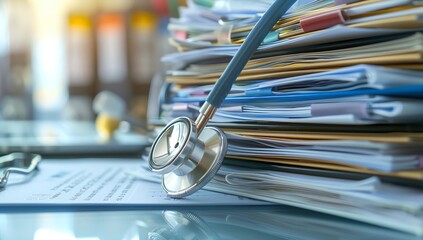 Stethoscope on medical file and documents stack in the style of hospital office, healthcare business