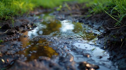 Fototapeta premium raindrops falling into a puddle of water, creating ripples and displacing the water droplets on the surface.