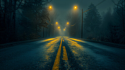 A dimly lit road with no one around during midnight, perfect for background, Generative Ai 
